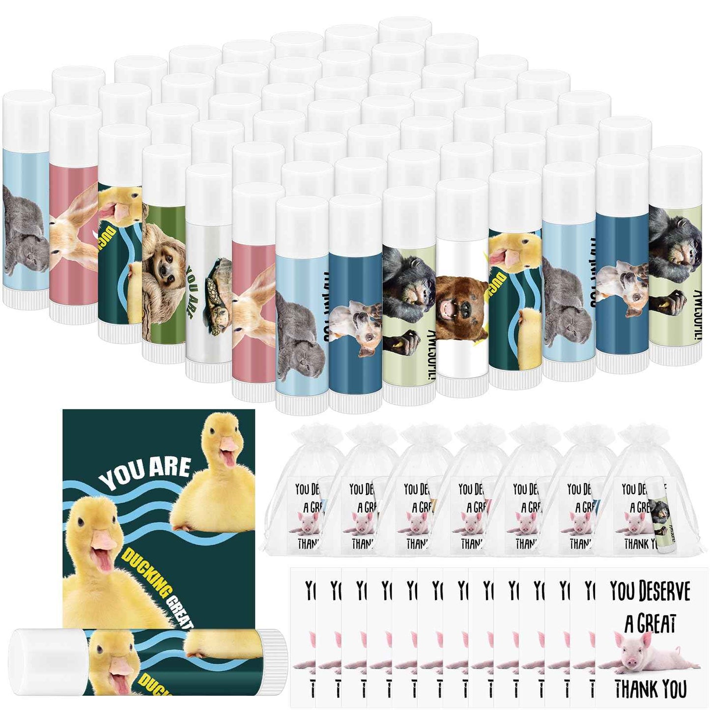 Dansib 40 Sets Employee Appreciation Gifts Bulk for Coworkers Thank You Staff Gift Inspirational Animal Pun Lip Balm Note Cards Organza Bag for Office Pocket Favor Party Team Volunteer Nurse Friend
