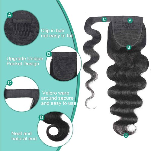 Humistwbiu Human Hair Body Wave Ponytail with Magic Paste Warp Around 100% Brazilian Virgin Human Hair Ponytail for Black Women Natural Color 16 Inch