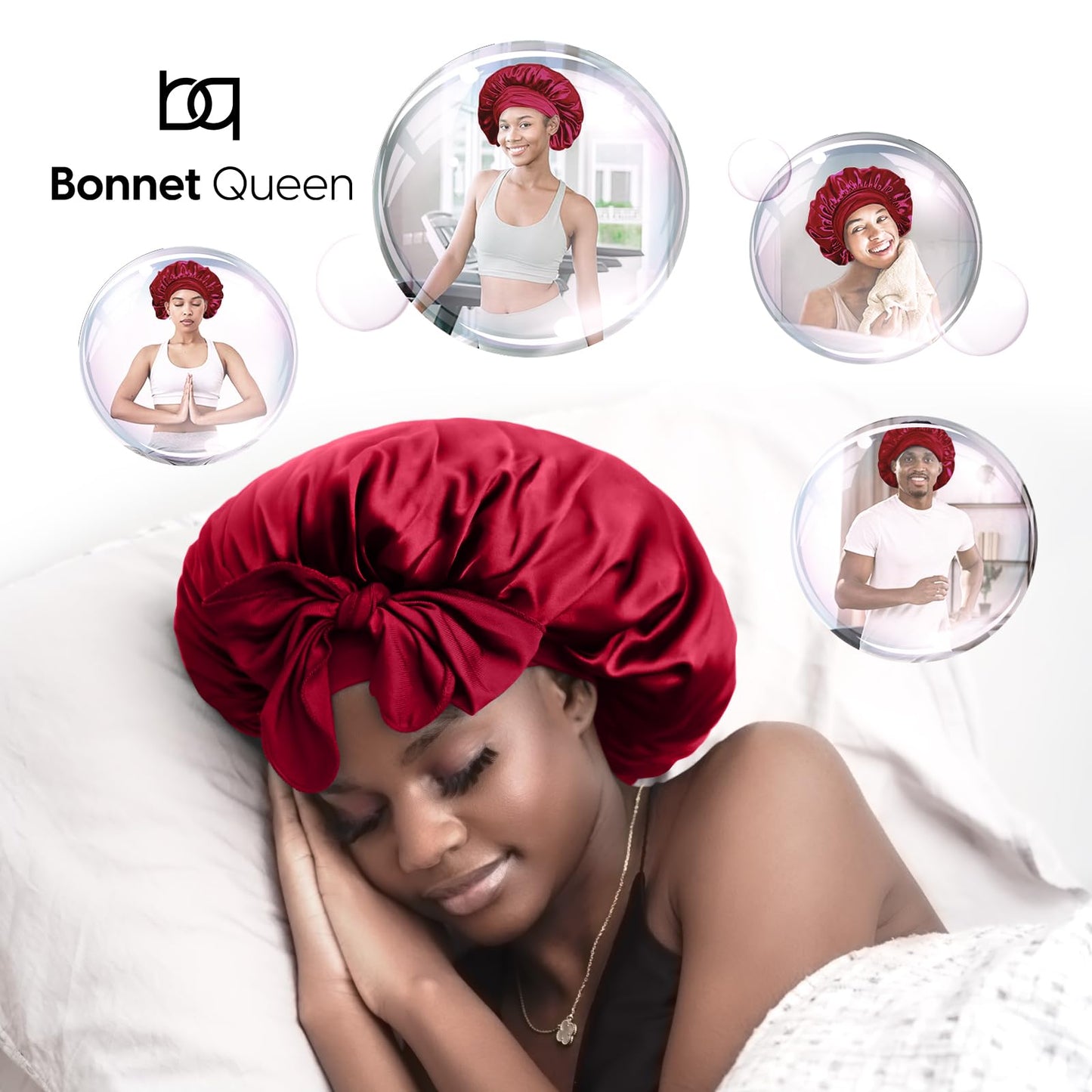 BONNET QUEEN Silk Bonnet for Sleeping Women Satin Bonnet Hair Bonnet Night Sleep Cap Scarf wrap for Curly Hair with tie Band Dark red