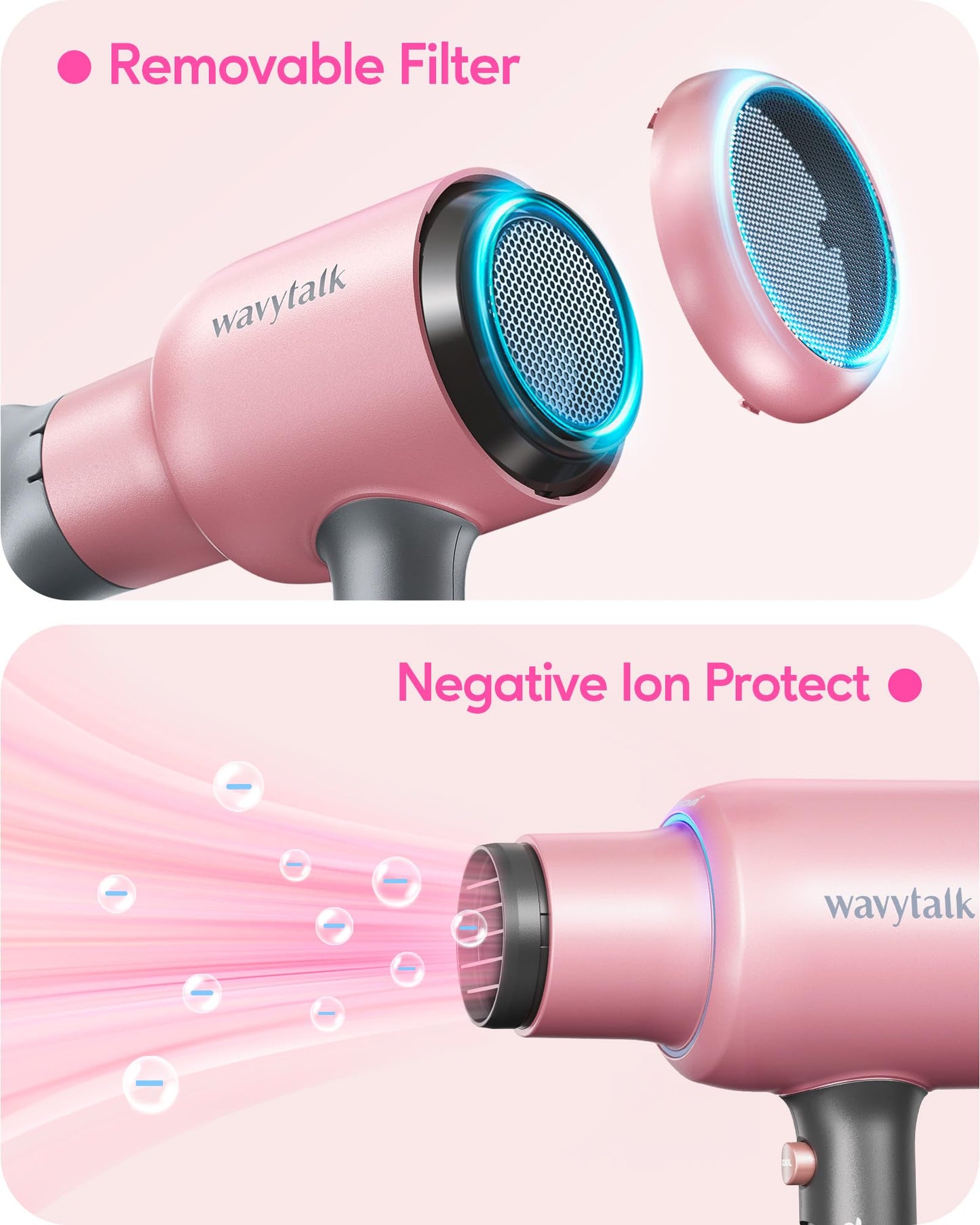 Wavytalk Ionic Hair Dryer Blow Dryer with Diffuser Concentrator Nozzles Comb and Brush Negative Ions with Ceramic Technology as Salon Light and Quiet 1875W for All Hair Types