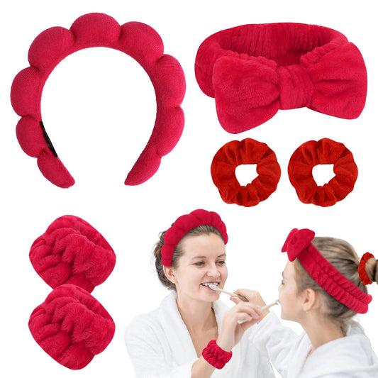 GAFATORY 6Pcs Red Sponge Spa Headbands for Women Wristbands Hair Scrunchies Set Makeup Headband for Facewash Skincare Soft Mother Gift with Daughter Gift Set with Girl Friend