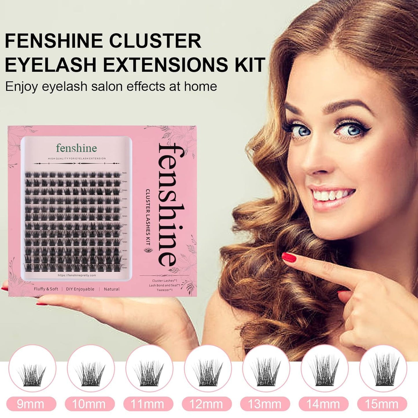 Fenshine Cluster Lashes Individual Lashes Wide Stem C/D Curl 9-15mm Length DIY Eyelash Extension Individual Soft False Lashes for Personal Use at Home (144pcs Mix 9-15MM, Eyelash Extension Kit)