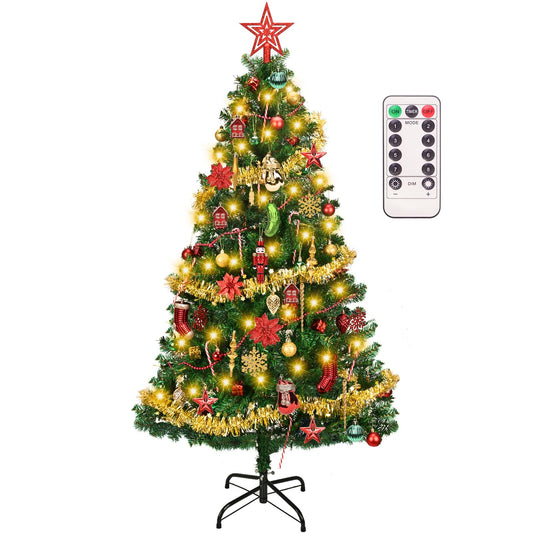 MeetXmas 5ft Artificial Christmas Tree with 102 Pcs Christmas Tree Decorations Ornaments Set, Fake Christmas Tree Prelit with Lights (8 Modes) and Full Set of Christmas Tree Ornament