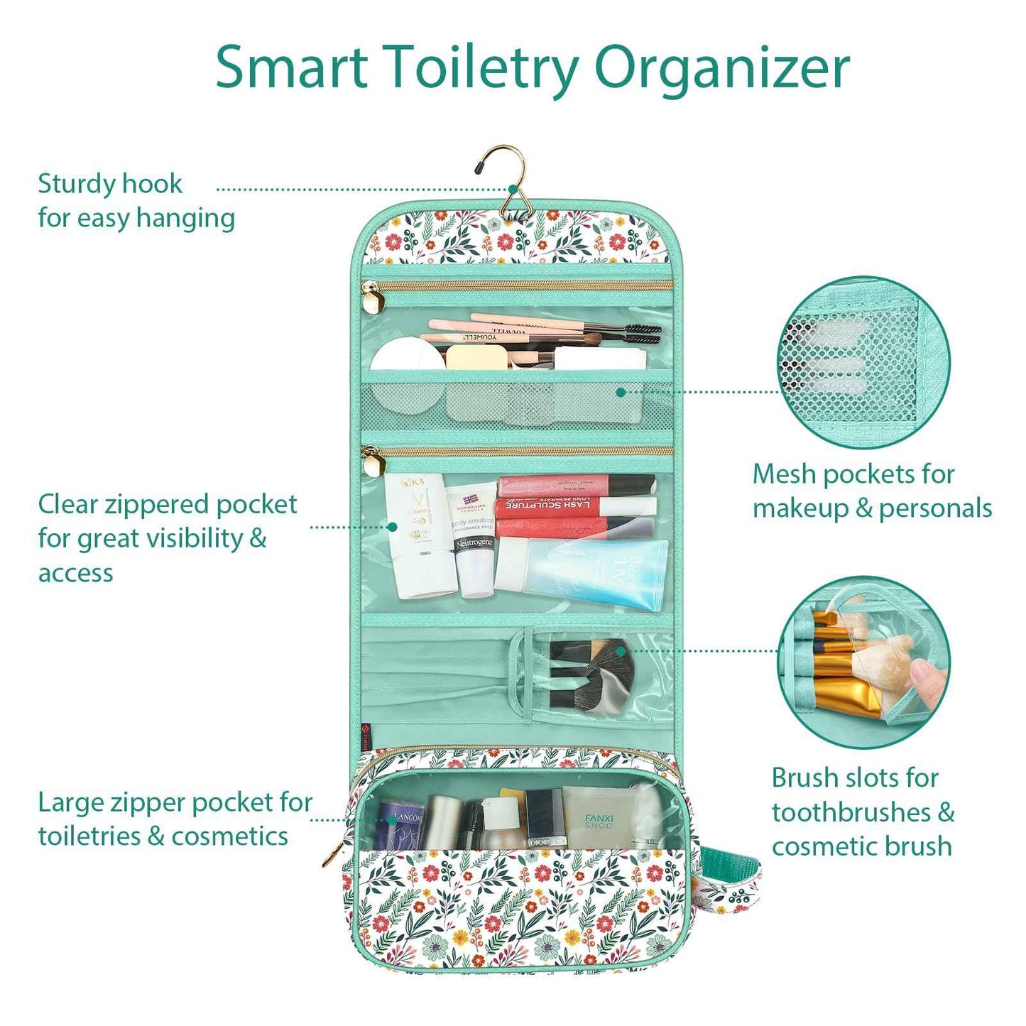 Fintie Portable Toiletry Cosmetic Travel Bag, Large Water Resistant Hanging Makeup Organizer Storage Pouch Case for Women Girls, Spring