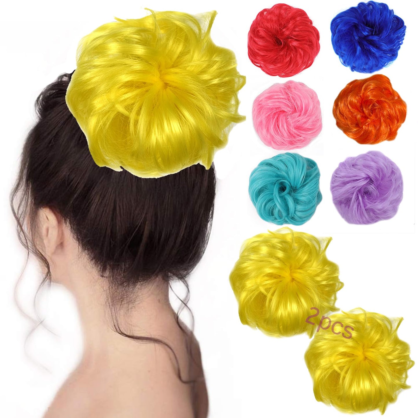 Kediciz Messy Bun Hair Piece, 2PCS Fake Hair Buns Scrunchies Extensions Synthetic Thick Updo Hairpieces Curly Wavy Chignon Ponytail for Women Girls Kids Yellow