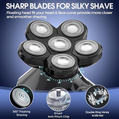 Head Shaver for Men,Bald Head Shavers,Electric Razor for Men Head Shaver Cordless,Man Electric Shavers for Face Wet and Dry, 6 in 1 Shaver for Bald Heads Rechargeable,Travel Hair Shaving Grooming Kit
