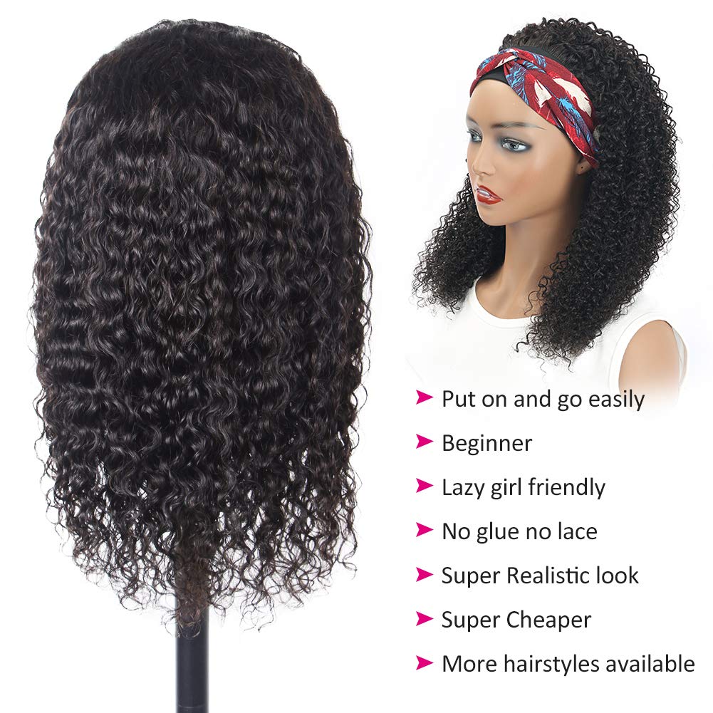 Eooma Headband Curly Human Hair Wigs for Black Women 10A 180% Density Brazilian Kinky Curly Wigs Scarf Gluelees Remy Hair