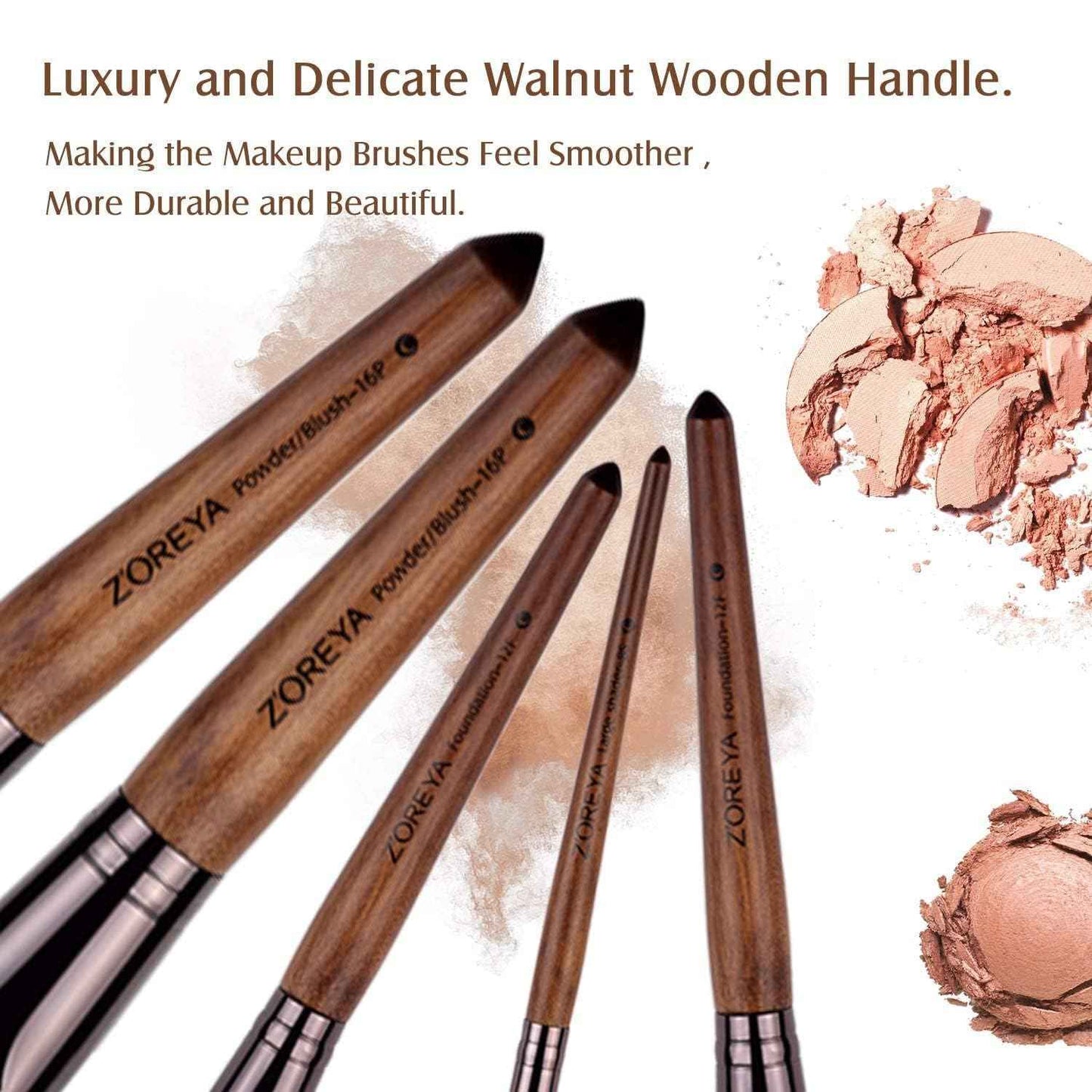 Makeup Brush Set, 15pcs Unique Walnut Makeup Brushes with Vegan Leather Bag, Professional No Shed Tan Makeup Brushes