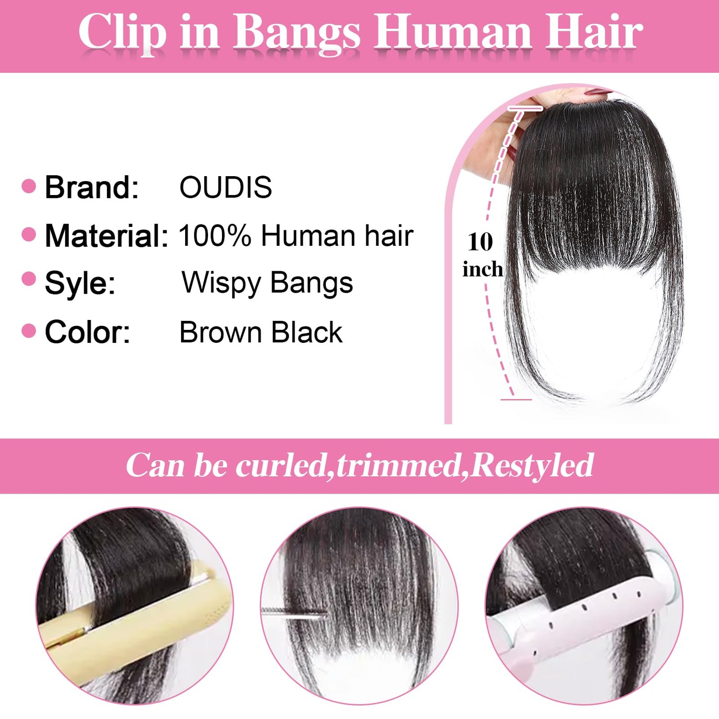 OUDIS Bangs Hair Clip in Bangs, 100% Human Hair Wispy Bangs Clip in Hair Extensions, Clip on Bangs Fringe with Temples Hairpieces for Women(Brown Black)