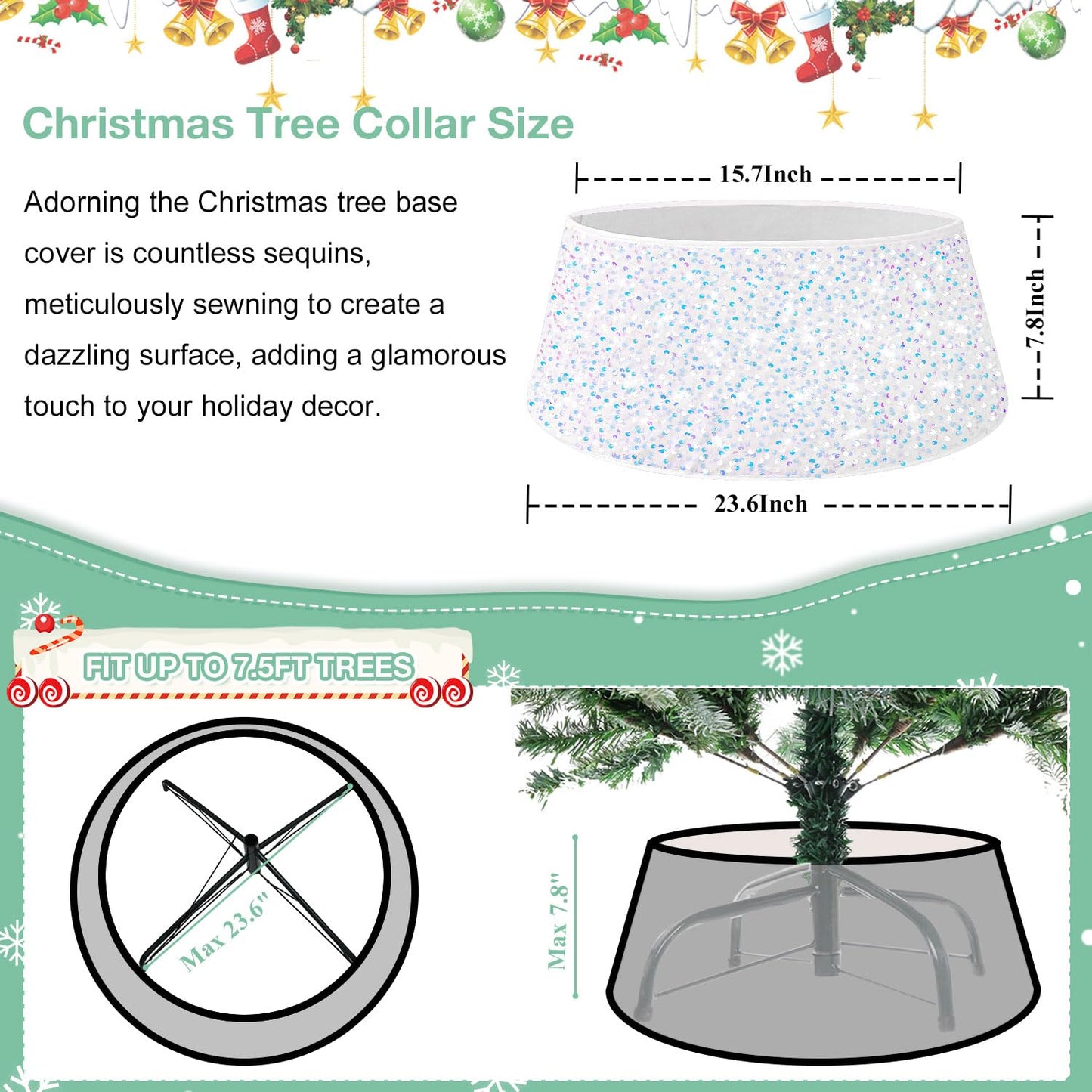 FCSJOST Christmas Tree Collar White Round Sequin Christmas Tree Ring Tree Skirts 23.6 Inch Iridescent White Xmas Tree Collars for Atificial Trees Elegant Christmas Tree Skirt for Holiday Feast Decor