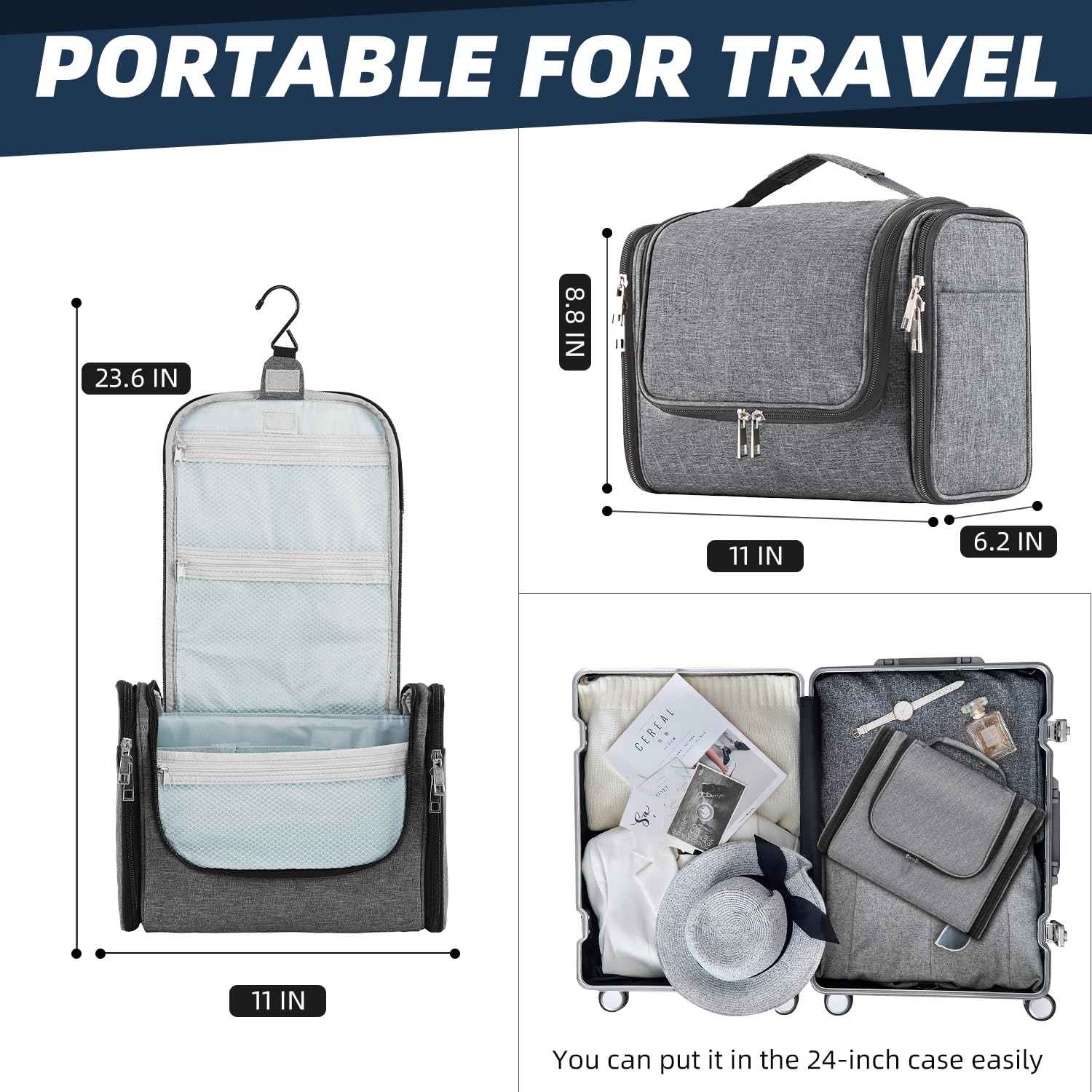 Buruis Large Capacity Toiletry Bag for Women and Men, Hanging Toiletry Organizer Cosmetics Makeup Bag, Water-resistant Dopp Kit Shaving Bags for Full Sized Toiletries, Travel Essentials (Oxford Gray)