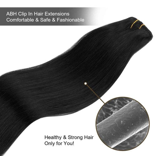 ABH AMAZINGBEAUTY HAIR Clip in Hair Extensions Real Human Hair Invisible Double Wefts 100% Real Remy Human Hair Clip in Extensions Silky Straight Jet Black 18 Clips 90G 16 Inch