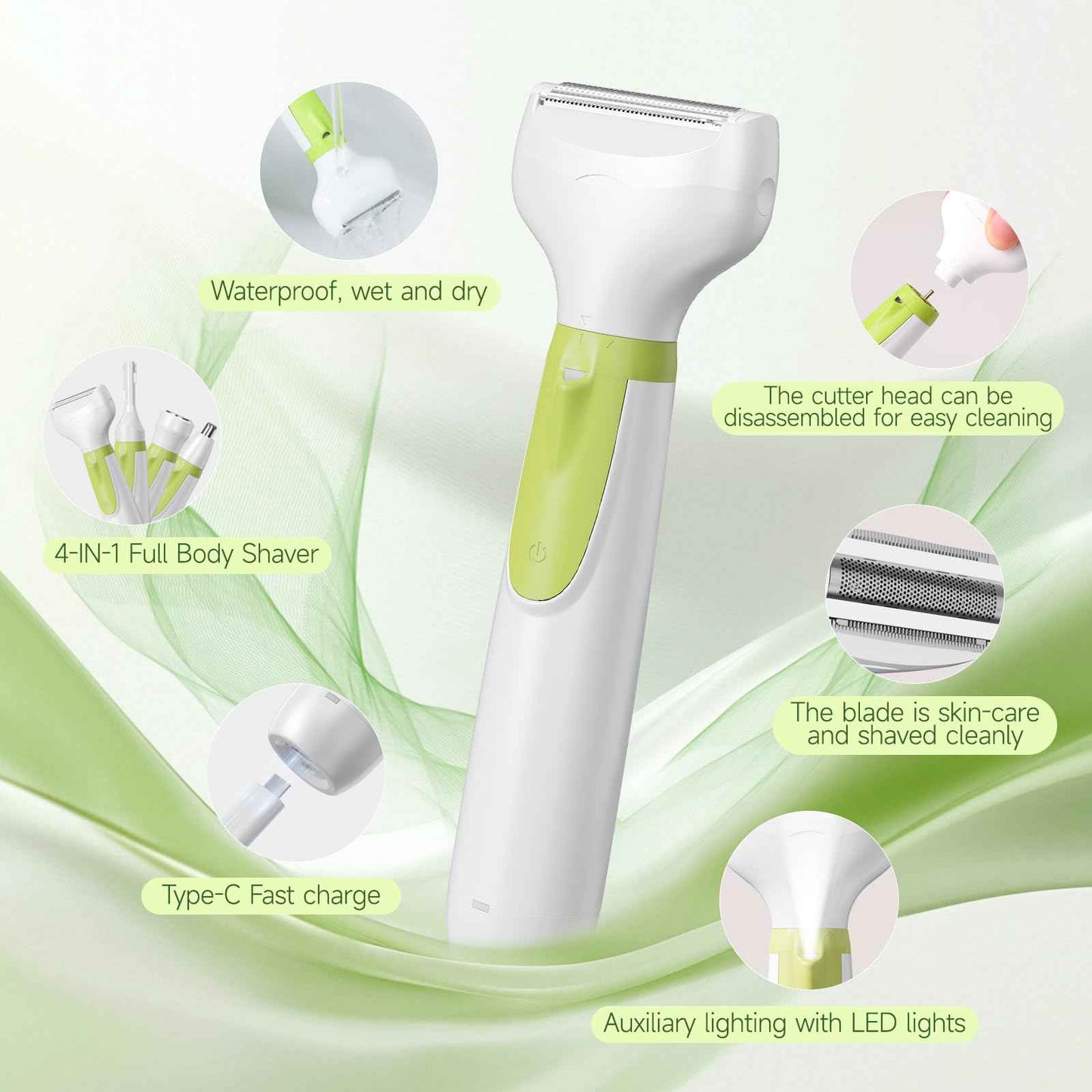 Electric Shaver for Women, 2025 Wet/Dry Razors for Women with LED Display,4 in 1 Cordless Hair Remover for Arms Legs Pubic Armpit Face, IPX7 Waterproof, Painless Electric Grooming Set