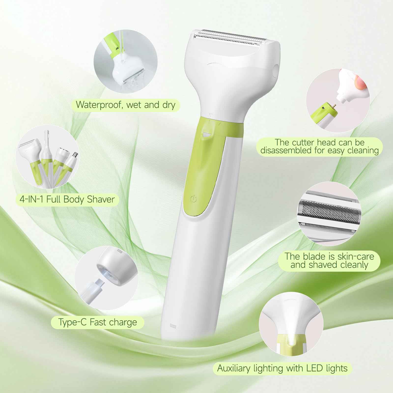 Electric Shaver for Women, 2025 Wet/Dry Razors for Women with LED Display,4 in 1 Cordless Hair Remover for Arms Legs Pubic Armpit Face, IPX7 Waterproof, Painless Electric Grooming Set