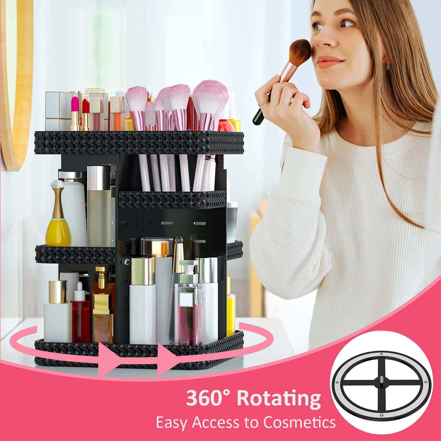 BOCONY Rotating Makeup Organizer, Large Capacity Cosmetic Display Case, Acrylic Skincare Organizer with Brush Holder, Makeup Storage Organizer for Dresser Countertop and Bathroom Vanity - Black