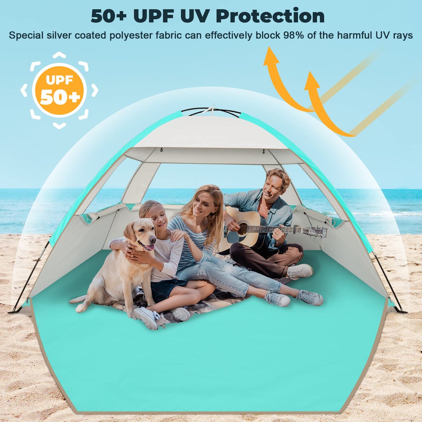 Venustas Beach Tent Sun Shelter for 3/4-5/6-7/8-10 Person, UPF 50+ UV Protection Beach Canopy, Lightweight and Easy Setup Cabana, Portable Beach Shade Tent