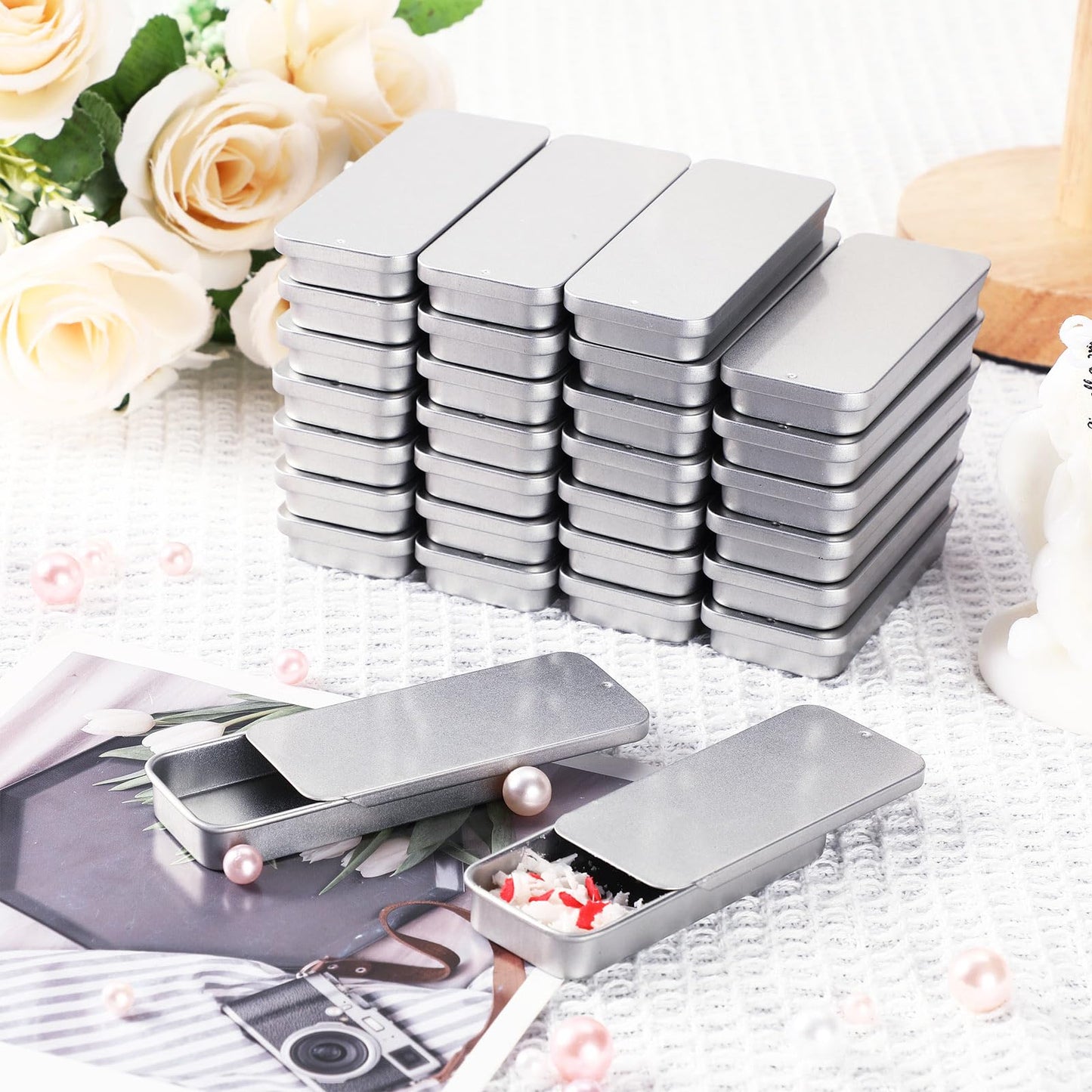 Norme 100 Pcs Slide Top Small Tin Containers Rectangular Cosmetics Metal Boxes Small Lip Balm Containers Tin Box Metal Tins with Lids for Lip Balm Jewelry Crafts Pills, 3.15 x 1.38 x 0.43" (Silver)