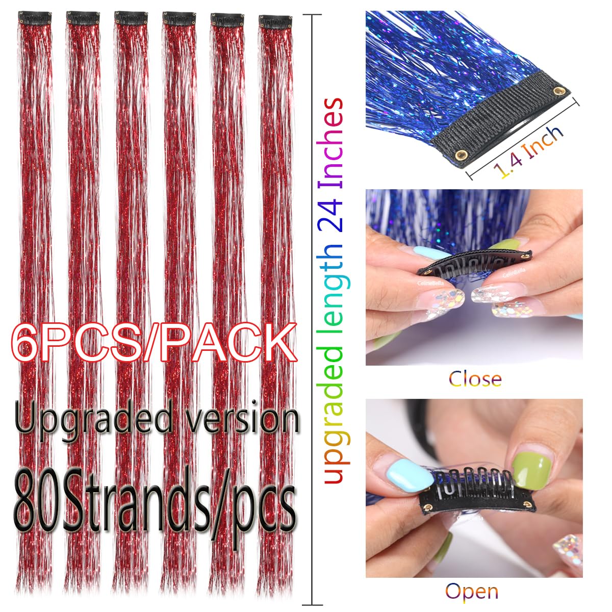 CelineBella Clip In Hair Tinsel Red Tinsel Hair Extensions 80 Strands/Pcs Very Cute for Kids Girls Cosplay Party Christmas