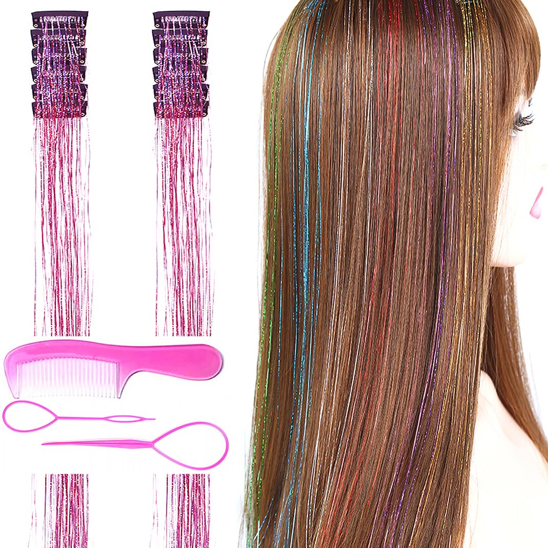 Clip in Hair Tinsel Kit 20Inch Glitter Tinsel Hair Extension 12Pcs Rainbow Fairy Hair Tinsel Kit for Christmas New Year Halloween Party Sparkly Hair Accessories for Women Girls (Pink)