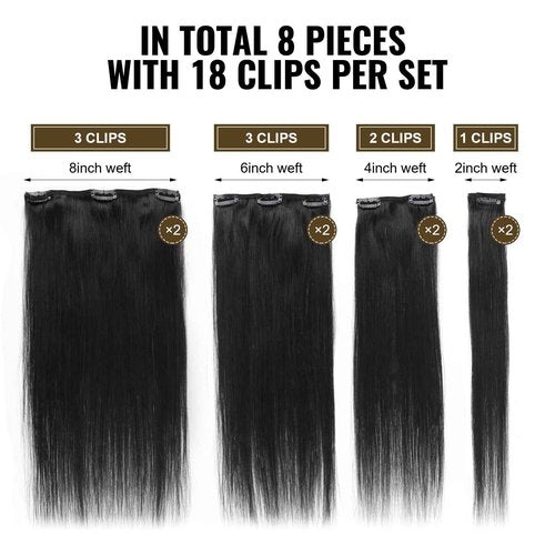 ABH AMAZINGBEAUTY HAIR Clip in Hair Extensions Real Human Hair Invisible Double Wefts 100% Real Remy Human Hair Clip in Extensions Silky Straight Jet Black 18 Clips 90G 16 Inch