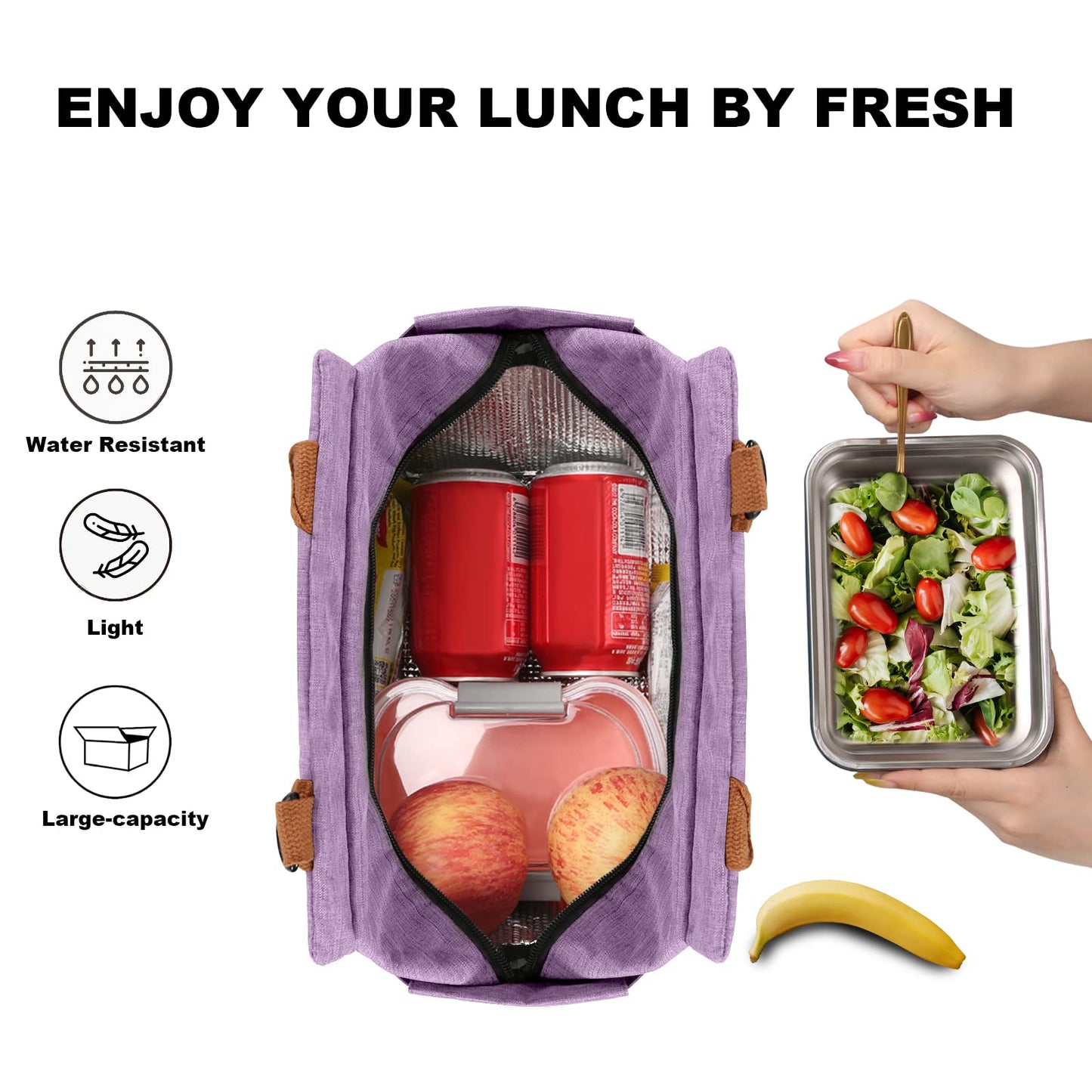 Joymee Lunch Bag Women Insulated Lunch Box with Adjustable Shoulder Strap Large Reusable Leakproof Spacious Cooler Tote for Women Men Adult with Bottle Holder and Side Pockets - Purple