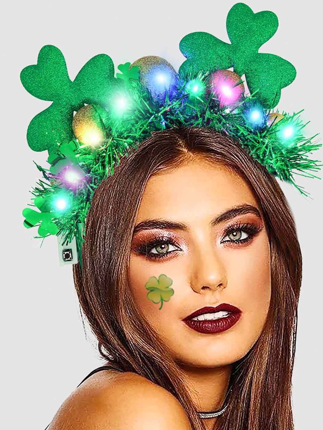 Aceorna Light Up St Patricks Day Headbands Led Green Mouse Ear Hairbands Clover Bow Hair Hoop Foil Irish Headpiece for Women (C)