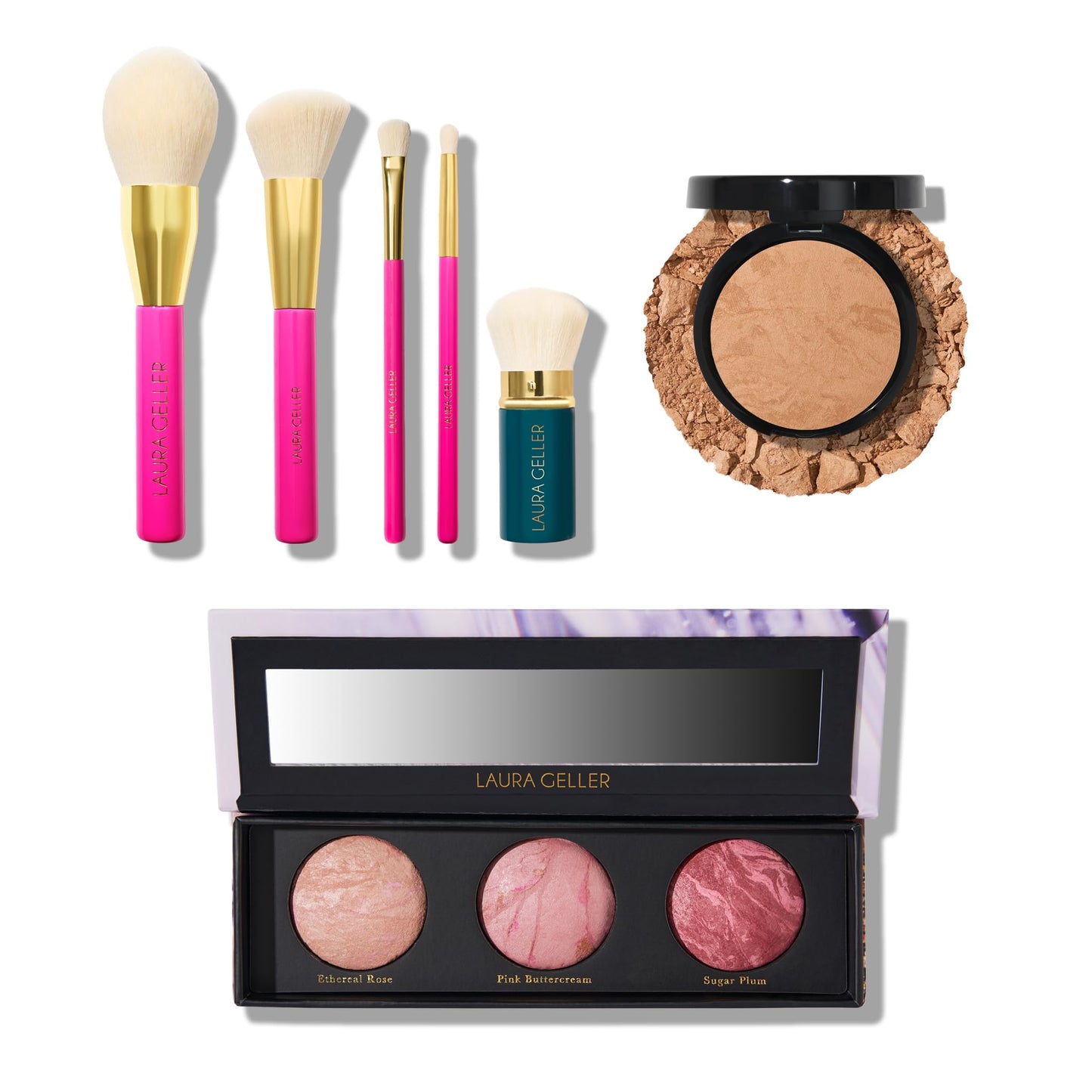 LAURA GELLER NEW YORK Baked Balance-n-Brighten Powder Foundation, Golden Medium + Geller's Greatest Brush Trio + 5pc Full Face Makeup Brush Set | Amazon Exclusive |