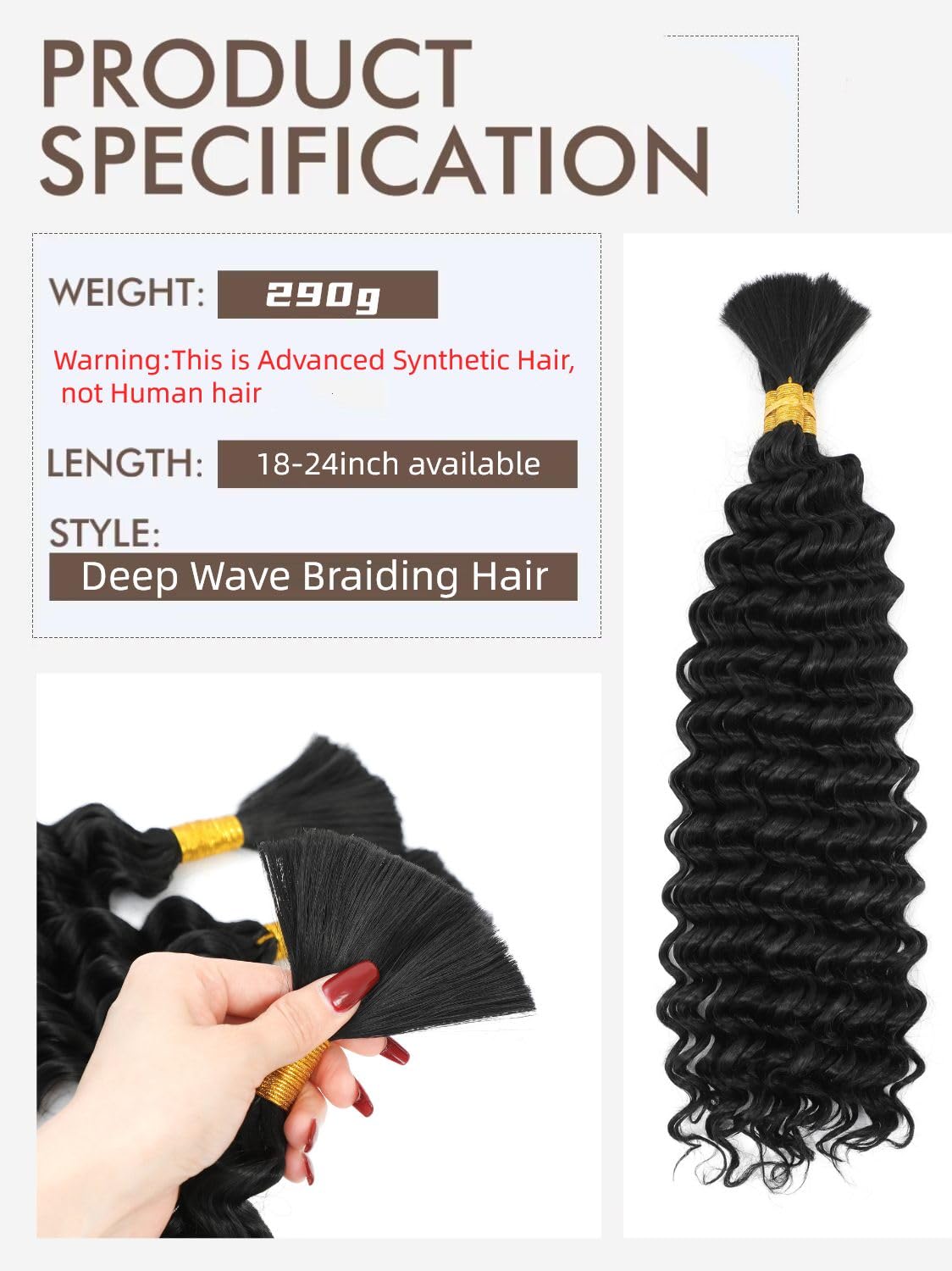 Braiding Hair Boho Hair for Braiding Deep Wave Braiding Hair for Woman Boho Braids Wet and Wave, Bulk Braiding Hair For Micro Braids Curly Deep Bulk 24 Inch Nature Black