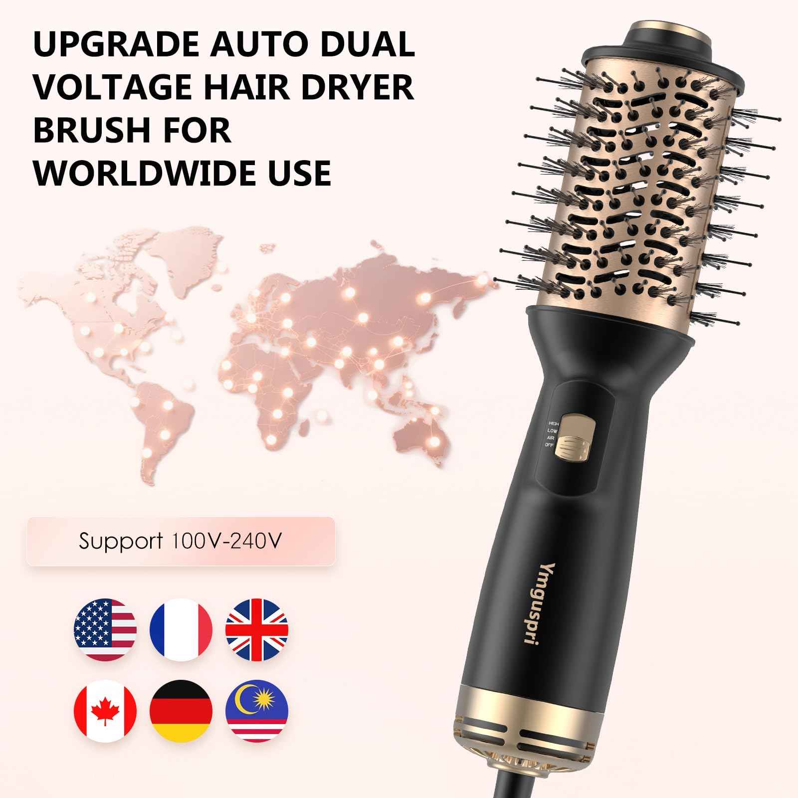 Ymguspri Travel Dual Voltage Hair Dryer Brush, Mini Auto Blow Dryer Brush in one, 2 Inch One Step Hot Air Hair Dryer and Styler for Home & Salon with EU&UK Plug (Gold)