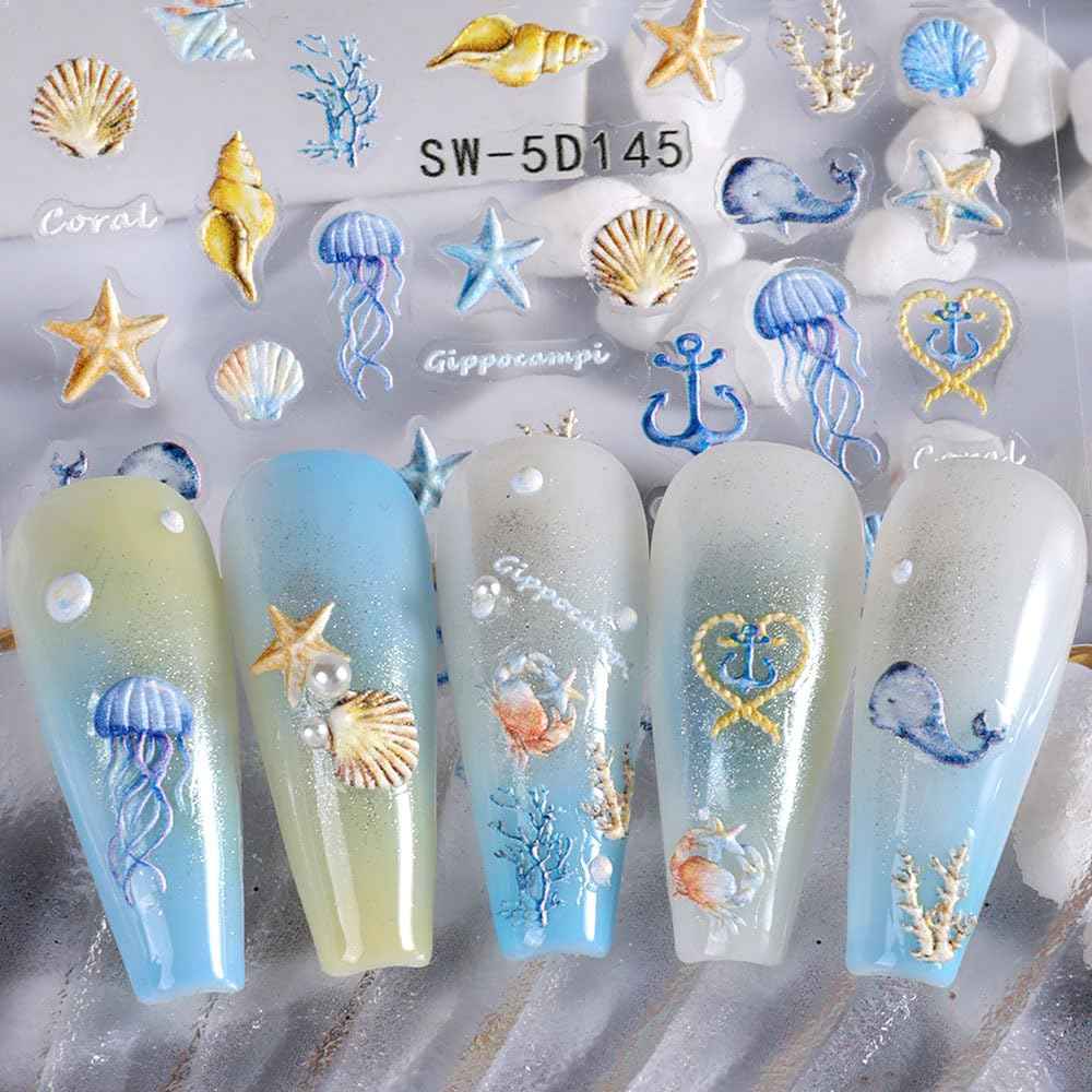 5D Embossed Ocean Nail Stickers - Summer Decals With Shell, Starfish, Jellyfish, Sea Animals - Beach Art Supplies for Nails