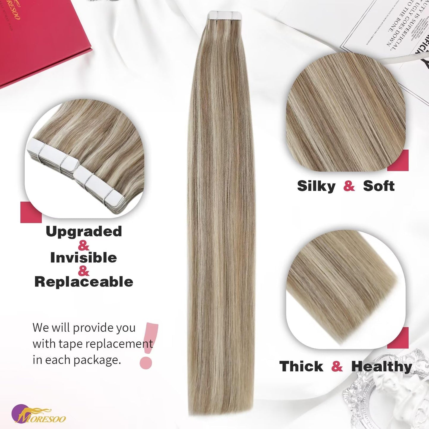 Moresoo Tape in Extensions Human Hair Highlighted Blonde Tape in Hair Extensions Light Brown Highlighted with Blonde Hair Extensions Real Human Hair Tape in Blonde Hair 22 Inch #P9A/60 20pcs 50g