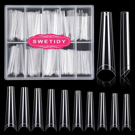 No C Curve Coffin Nail Tips, SWETIDY 200PCS Clear XXL Long Flattened False Nail Tips for Acrylic Nails Professional Half Cover with Case 10 Sizes