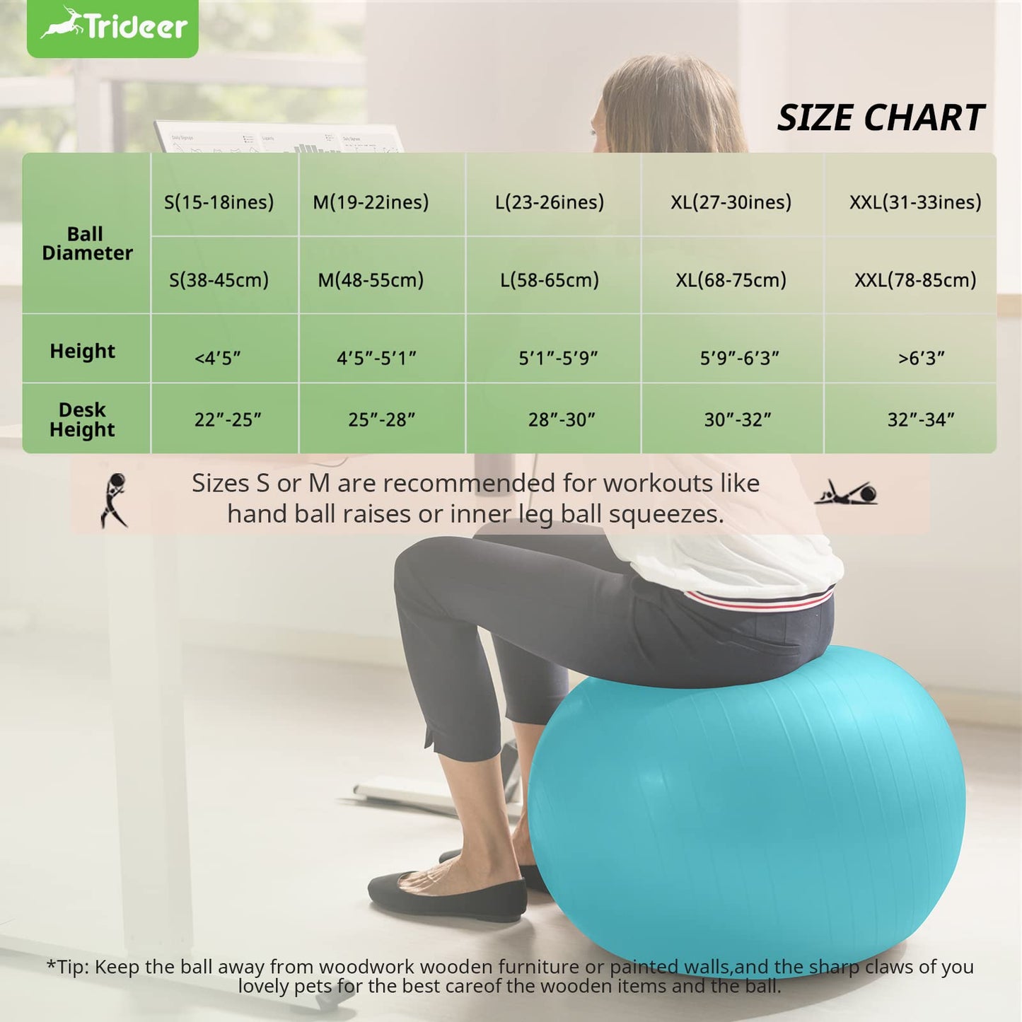 Trideer Yoga Ball - Exercise Ball for Workout pilates Stability - Anti-Burst and Slip Resistant for physical therapy, Birthing, Stretching &Core Workout, Office Ball Chair, Flexible Seating, Home Gym