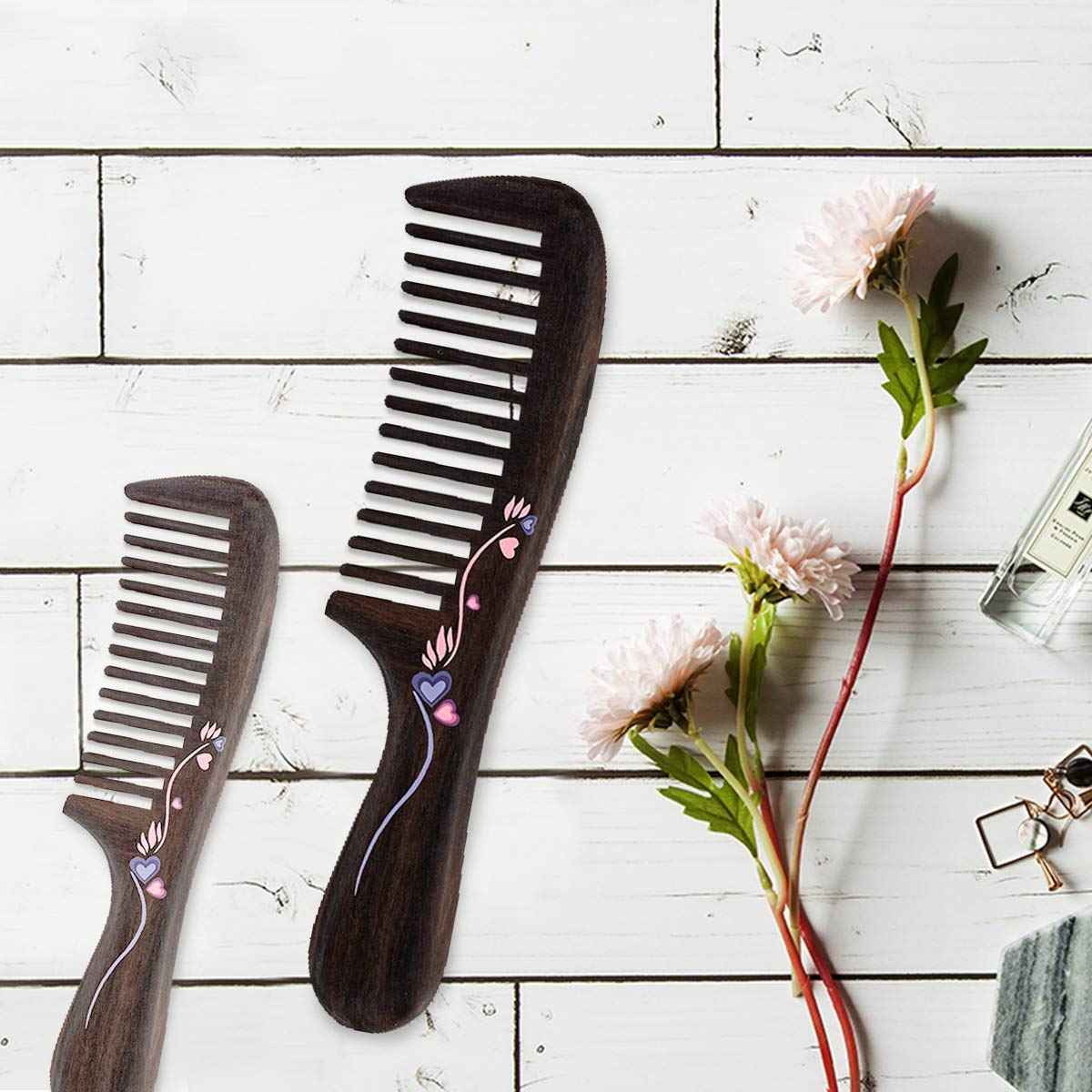 TAN MUJIANG Natural Wood Comb, Handmade Decorative women Hair Comb Tools Salon for Detangling and Styling Wet or Dry Curly, Thick, Wavy, or Straight Hair 7.1" Long Waist comb