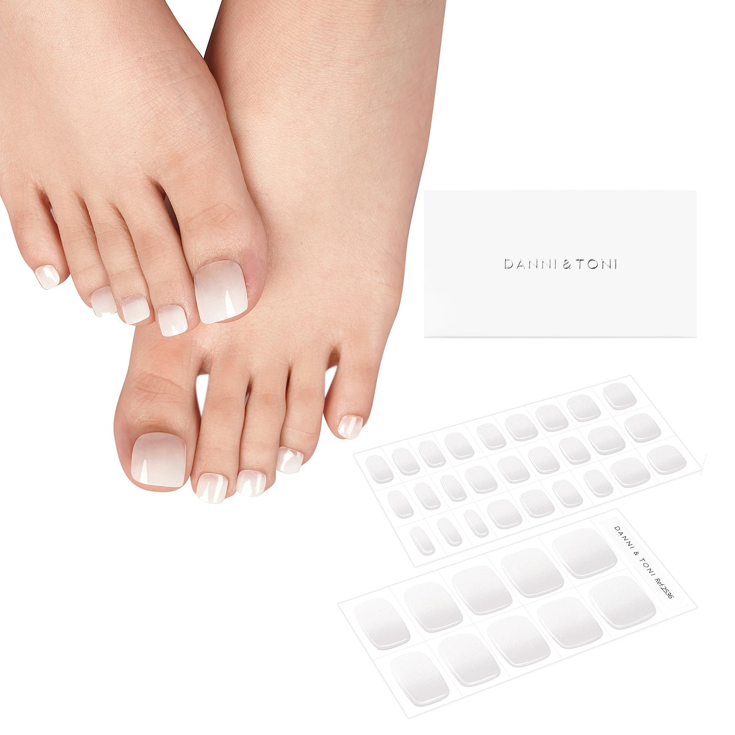 DANNI & TONI Semi Cured Gel Toenail Strips White Ombre (Frosty Veil) French Gel Toenail Stickers Transparent to White Glazed Gel Pedi Wraps 37 Stickers