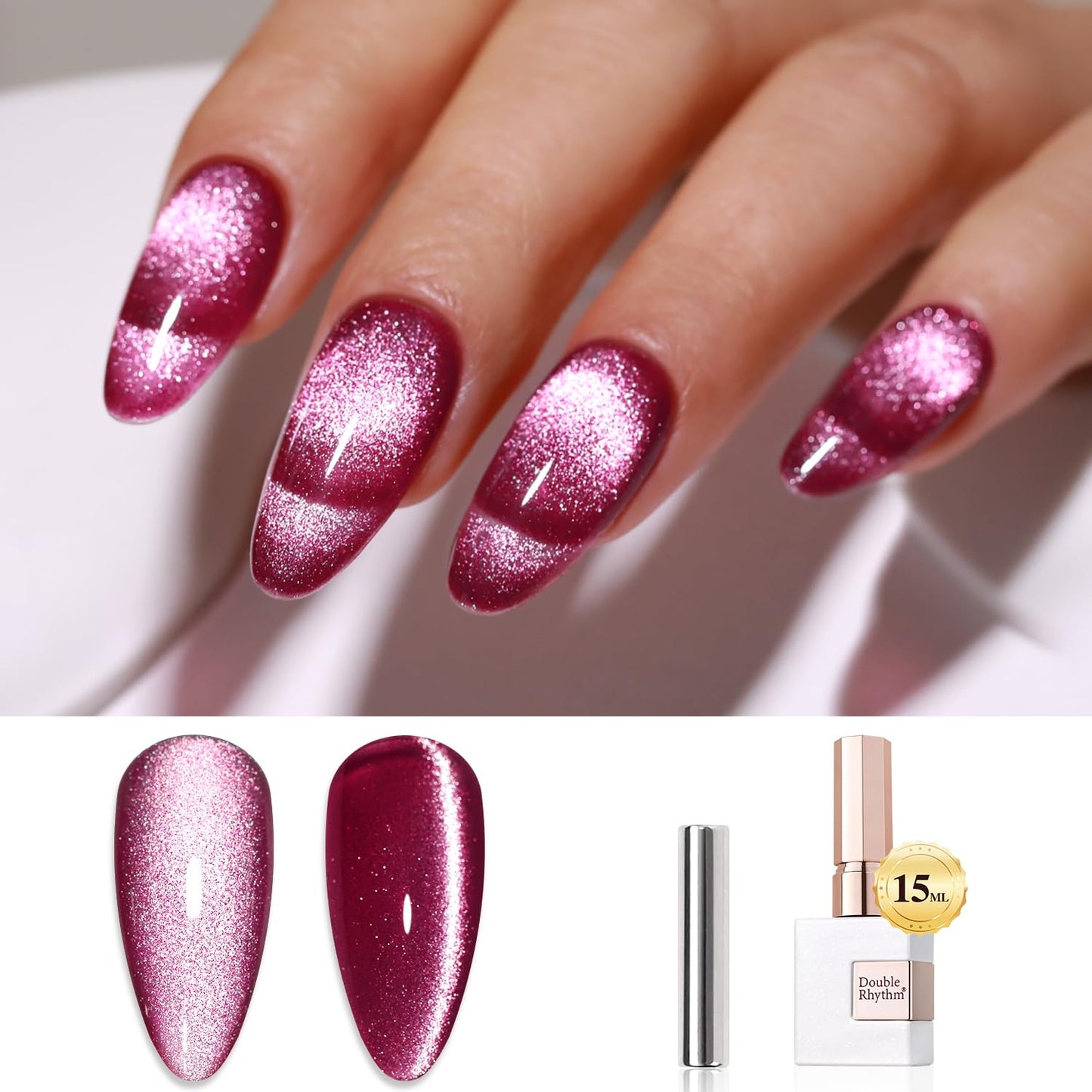 Double Rhythm 0.5 OZ Cat Eye Gel Polish with Magnet 15ML Holographic Glitter Shimmer Translucent Jelly Color Magnetic Nail Polish Salon DIY at Home (MC1077)