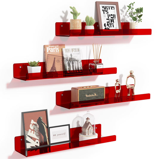 upsimples 4 Pack Acrylic Shelves for Wall Storage, 15" Floating Bookshelves for Kids, Display Shelf Organizer for Bathroom, Bedroom, Living Room, Kitchen, Room Decor, Clear Red