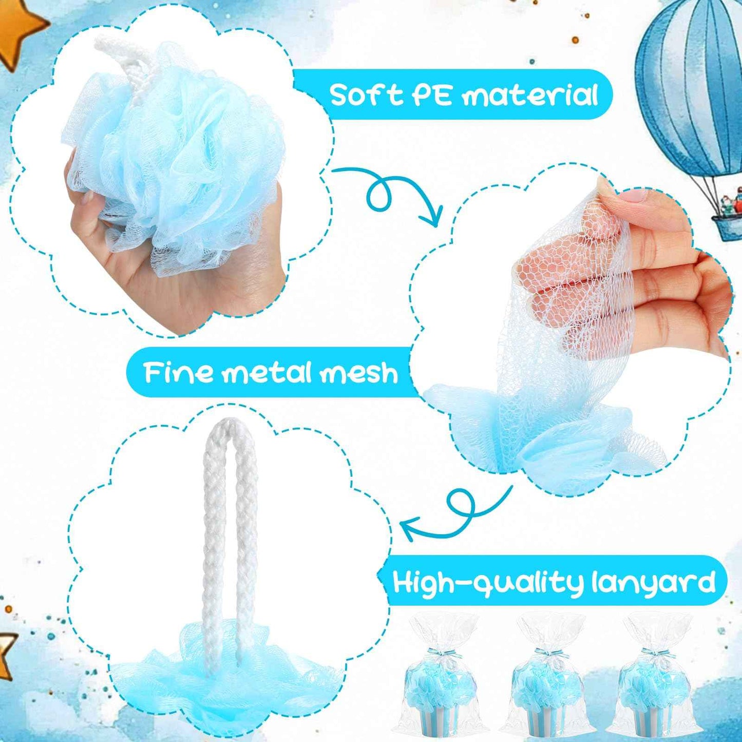 50 Set Baby Shower Loofahs Party Favors for Guests Include Bath Sponge Loofahs with Cupcake Gift Packaging Bow and Clear Plastic Bags for Baptism Gender Reveal Birthday Wedding Stuffers (Blue)