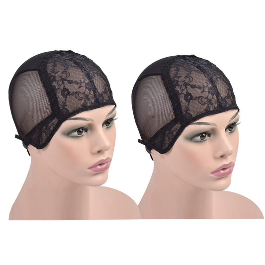 YTBYT 2 Pcs Black Double Lace Wig Caps with Adjustable Straps Swiss Lace Hairnet on the Back for Making Wig (Black S)