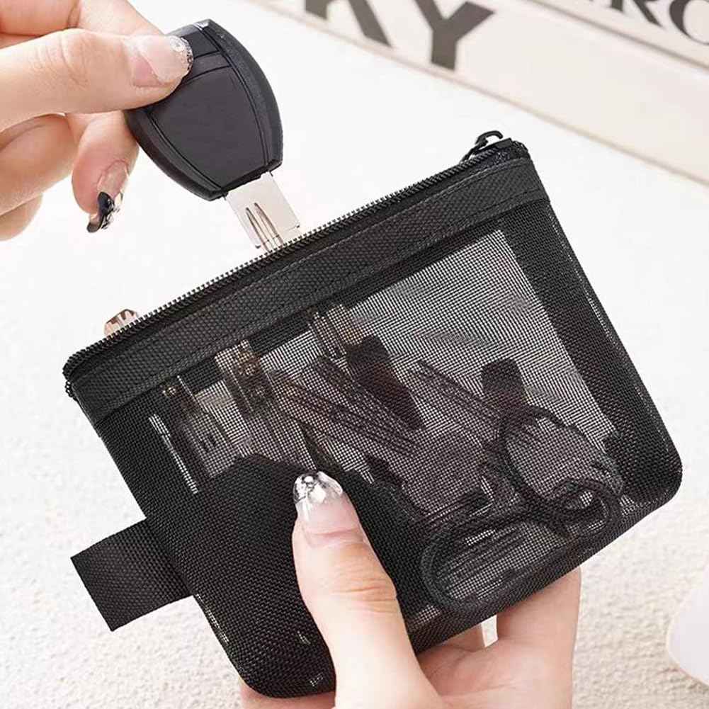 Aswewamt 9 Pcs Mini Zipper Mesh Bags, 4.3" x 3" Small Nylon Key Holder Cosmetic Pouch Portable Travel Makeup Cosmetic Mesh Zipper Bags for Purse Lipstick Earphone Keys Cards (Black)
