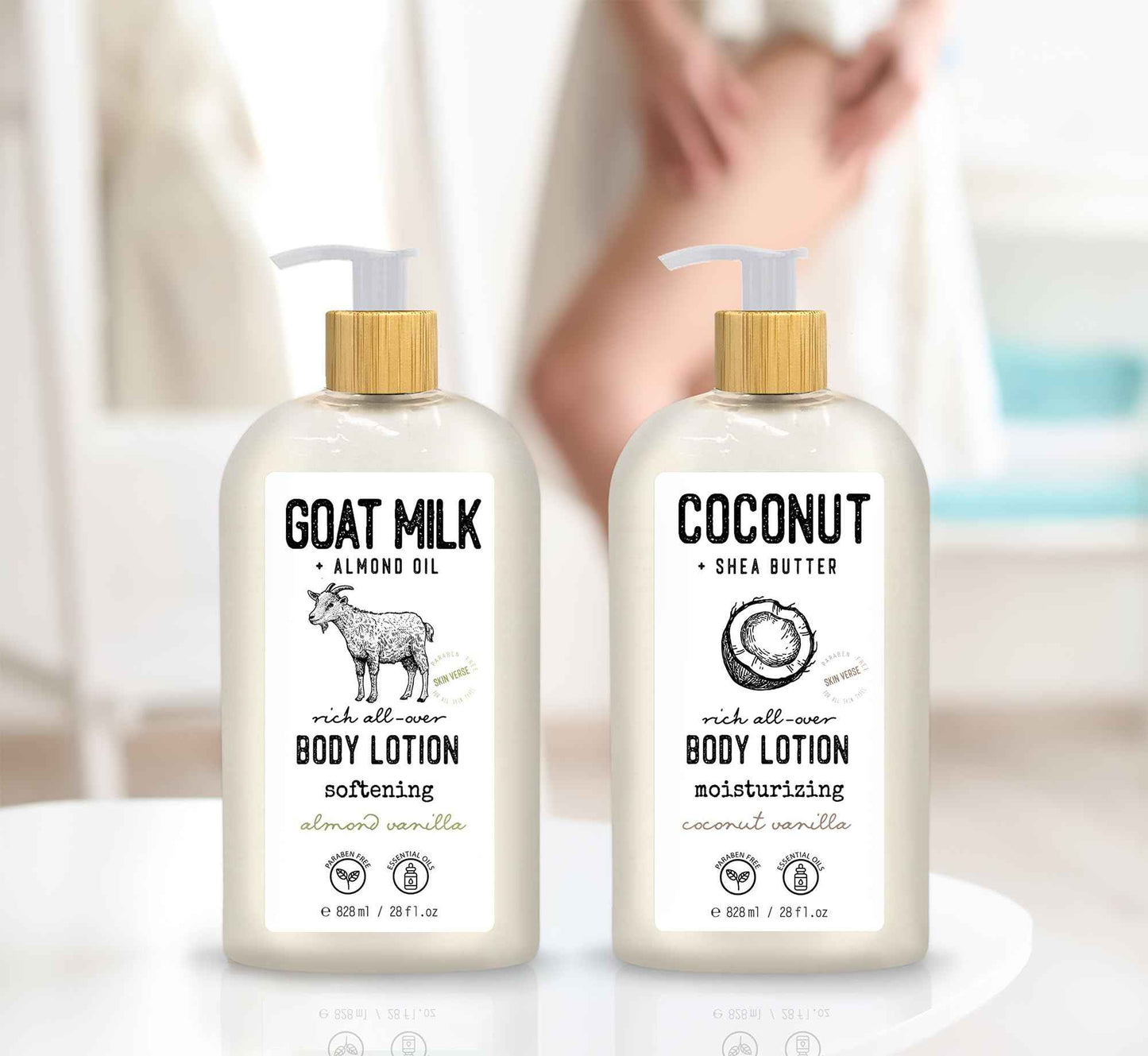 Skin Verse Body Lotion, Goat Milk, Almond Oil Body Lotion, Softening, Almond Vanilla, Coconut, Shea Butter Body Lotion, Moisturizing, Coconut Vanilla, 28 fl. oz. | Home and Body Co