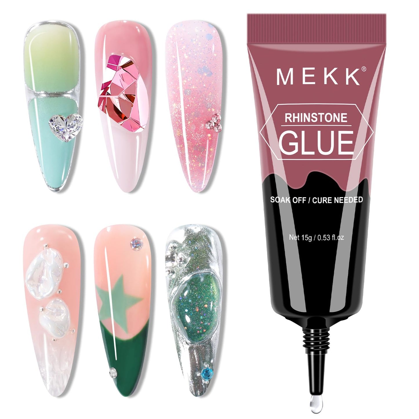 MEKK Rhinestone Glue for Nails, 1Pcs 15g Super Strong Gel Nail Glue for Rhinestones No Wipe Nail Rhinestone Glue for 3D Nails Crystals Beads Charms Diamonds Gems Cure Needed