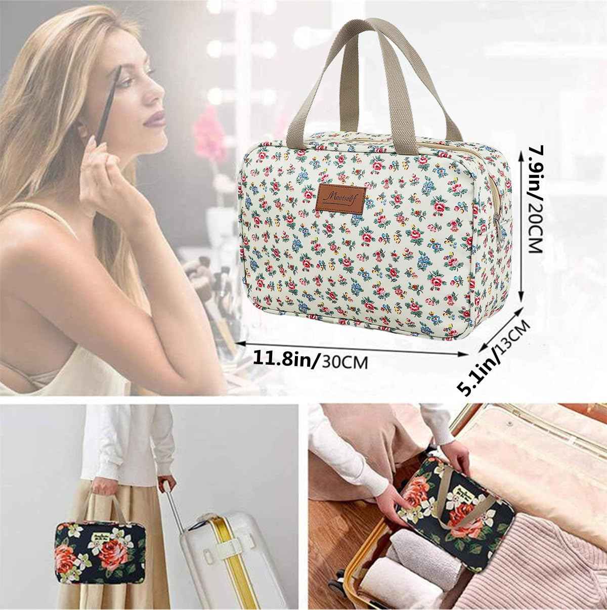 Hjkiopc Large Makeup Bag Toiletry Bag for Women Make Up Bag Cosmetic Bag Toiletries Bag Brush Bags for Traveling (Little Flower Beige)