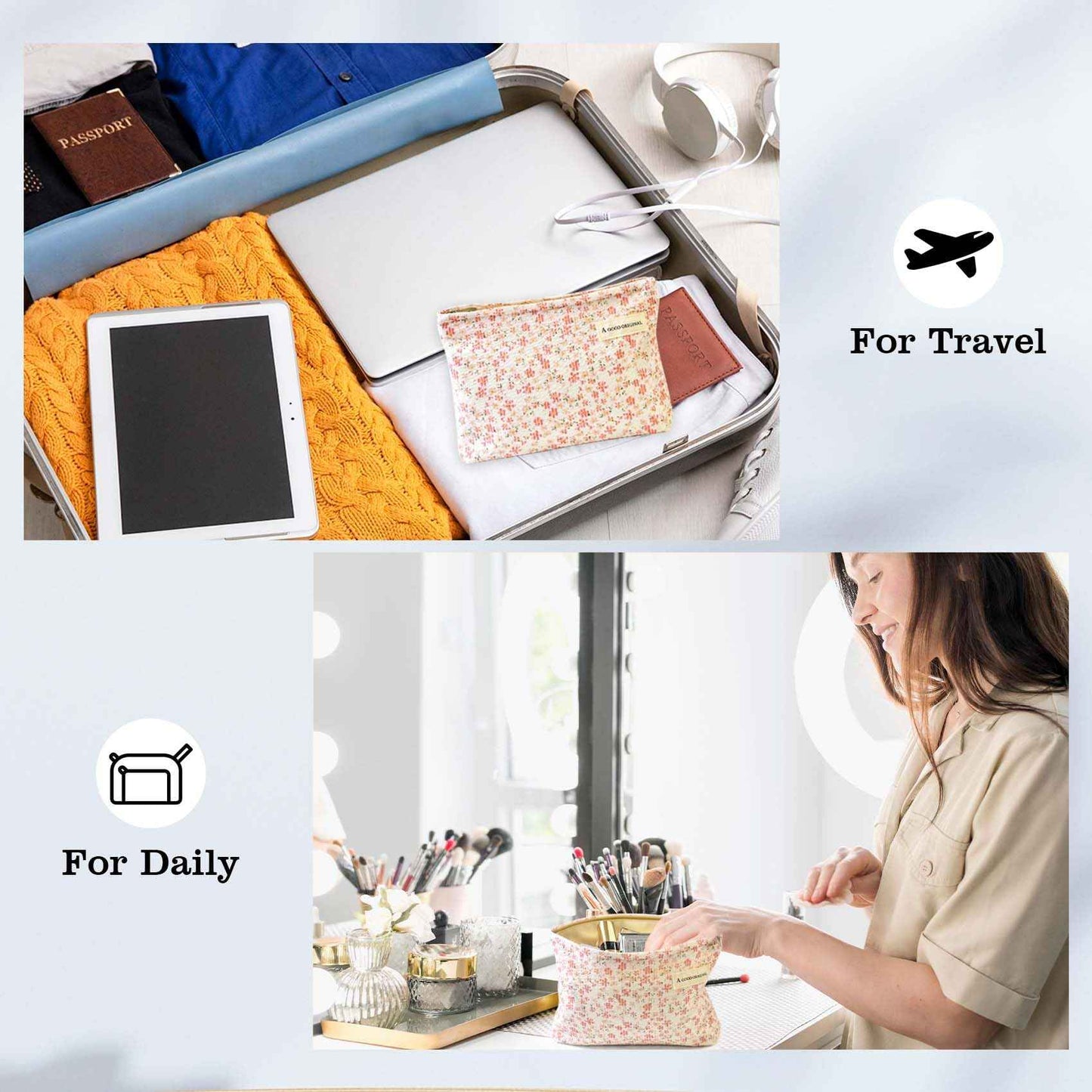 giteo bedding Aesthetic Makeup Bag Cotton, Quilted Floral Make up Bags, Travel Toiletry Bag Women, Daily Use Cosmetic Bags for Girls, Pink Makeup Bag for Purse, Cosmetics Organizer Pouch (Pink)