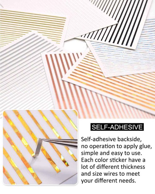 7 Sheets Nail Striping Tape Metallic Lines French Tip Manicure Strip Adhesive Holographic Foil Design Gold Sticker Decals for Nail Art