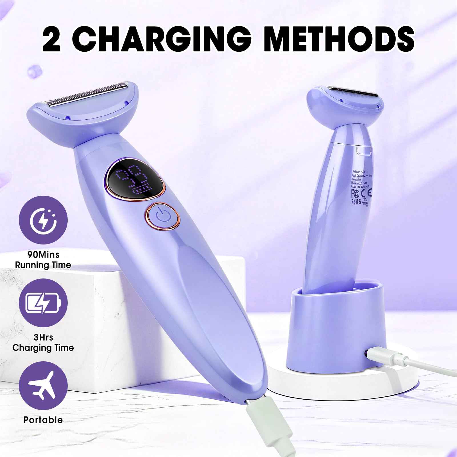 5 in 1 Bikini Trimmer for Women,IPX7 Waterproof Cordless Replaceable Pubic,Eyebrow,Facial Electric Razors&Nose Hair Trimmer&Painless Body Shaver for Arms Legs Underarms,USB Charge,LED Display,Wet&Dry