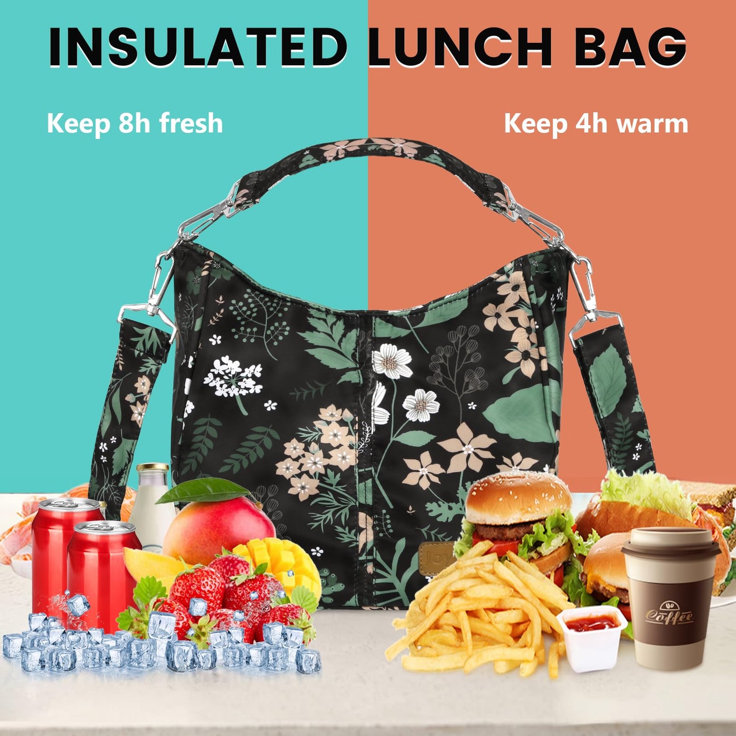 Joymee Women Lunch Bag for Adult, Women Insulated Lunch Box, Cooler Bag with Adjustable Shoulder Strap, Large Capacity Reusable Lunch Bags for Work Picnic Travel