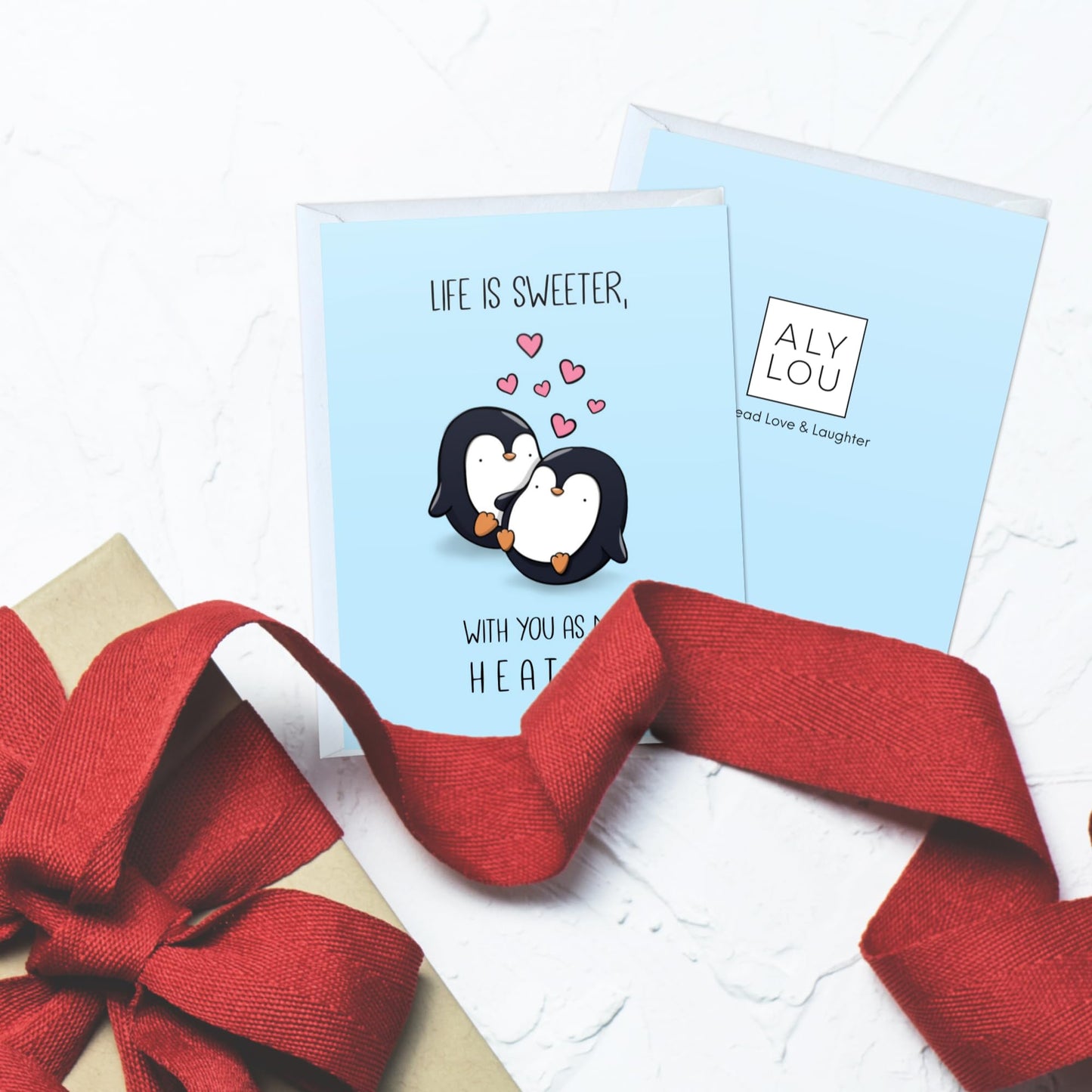 Anniversary Birthday Card for Her Him/Funny Birthday Card for Boyfriend Girlfriend/Husband Wife/Handmade Greeting Card (Life is sweeter with you as my heater - penguins)