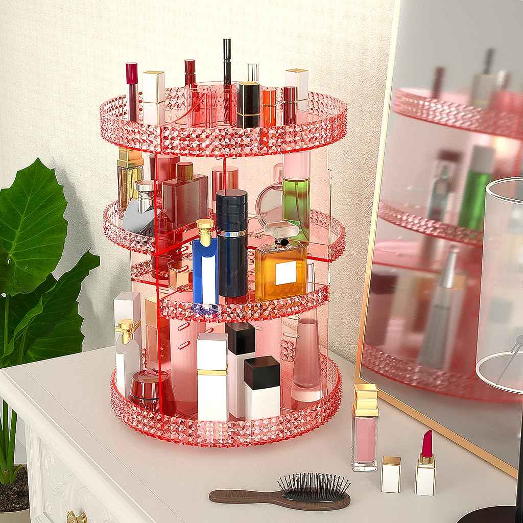 HEMTROY 360 Degree Rotating Makeup Organizer, Extra Large Capacity Perfume Holder, Removable 7 Layers Cosmetics Organizer, Make Up Organizer For Countertop Storage Skincare or More (Pink)