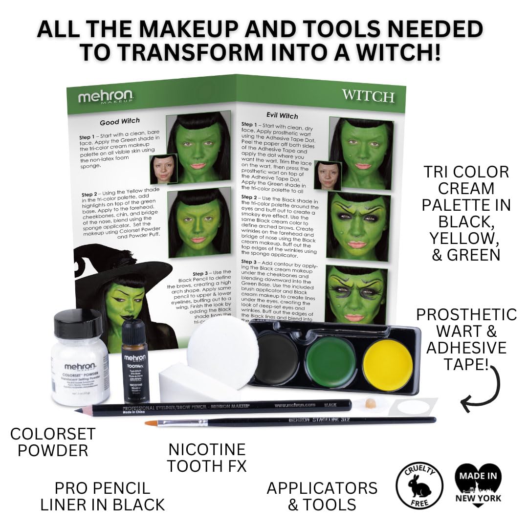 Mehron Makeup Premium Character Kits| Makeup Kits for Halloween & Cosplay| Made in the USA | Complete Makeup Kit | Includes all Makeup, Tools, & Instructions on How to Create the Look | (Witch)